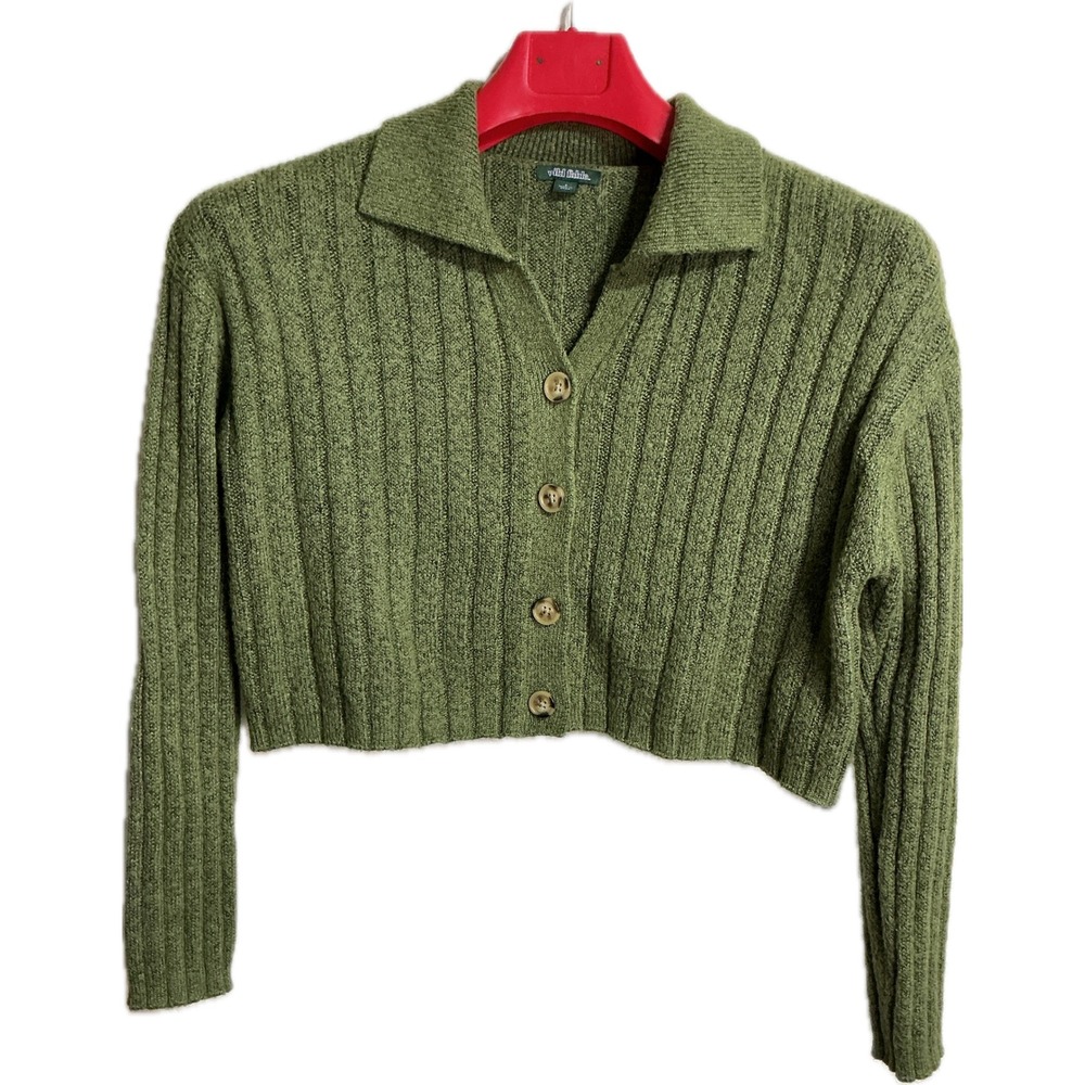 Y2K Cottagecore Olive Green Ribbed Cropped Cardigan Sweater Collared Size Small